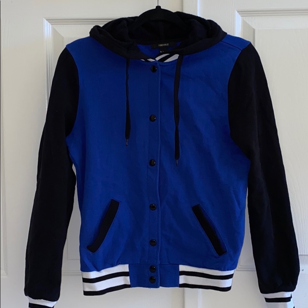 NWOT Blue Button-Up Hooded Varsity Baseball Jacket